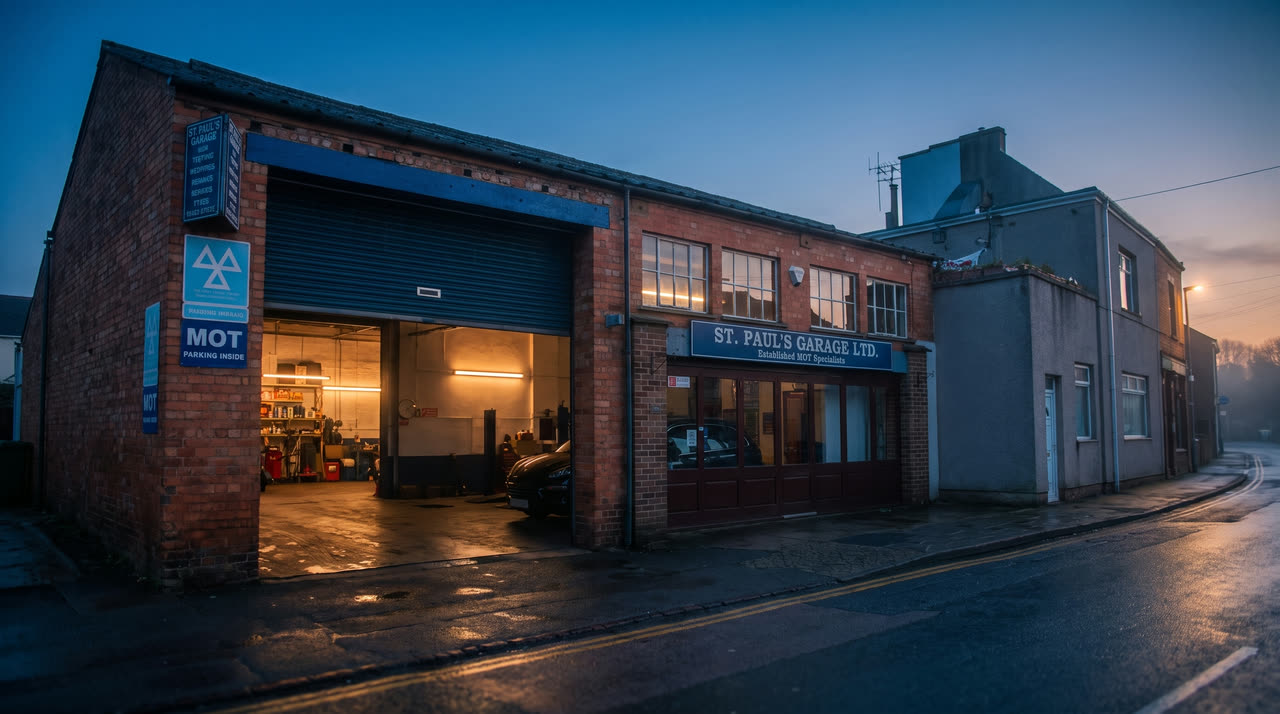 St Paul's Garage at dusk, warm light spilling from the open shutter onto the wet street
