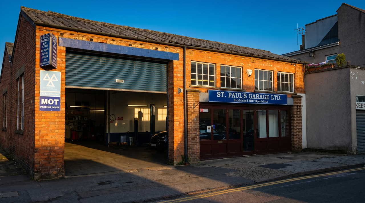 The red brick St Paul's Garage building in evening sun, with its blue roller shutter and fascia sign