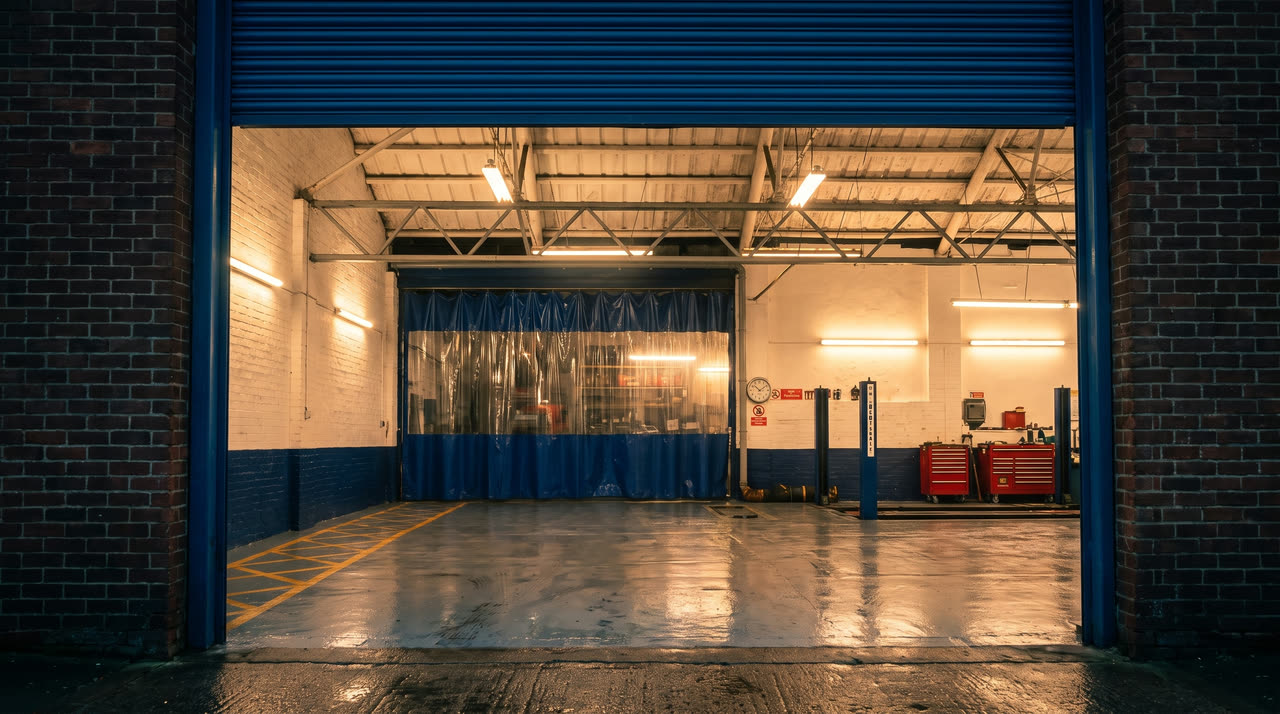 Looking through the open roller shutter into the lit workshop