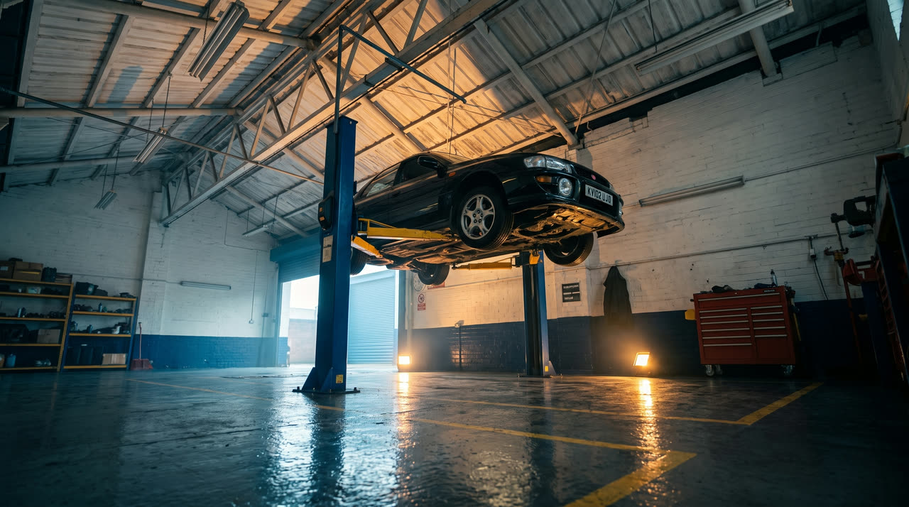 A black saloon raised high on a blue two-post lift, lit from lamps on the floor