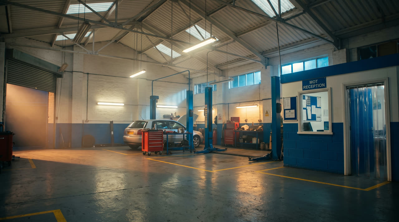 The workshop floor with blue vehicle lifts, red tool chests and the MOT reception window