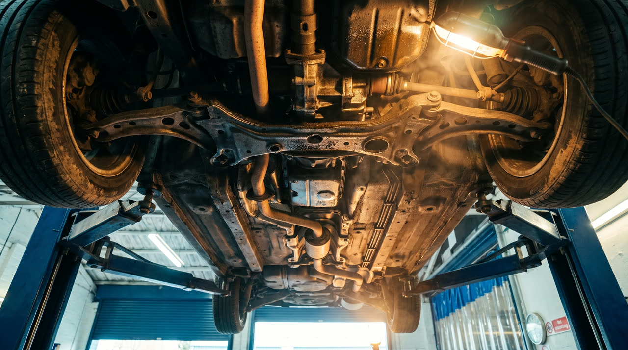 Looking up at the underside of a raised car, lit by a handheld inspection lamp